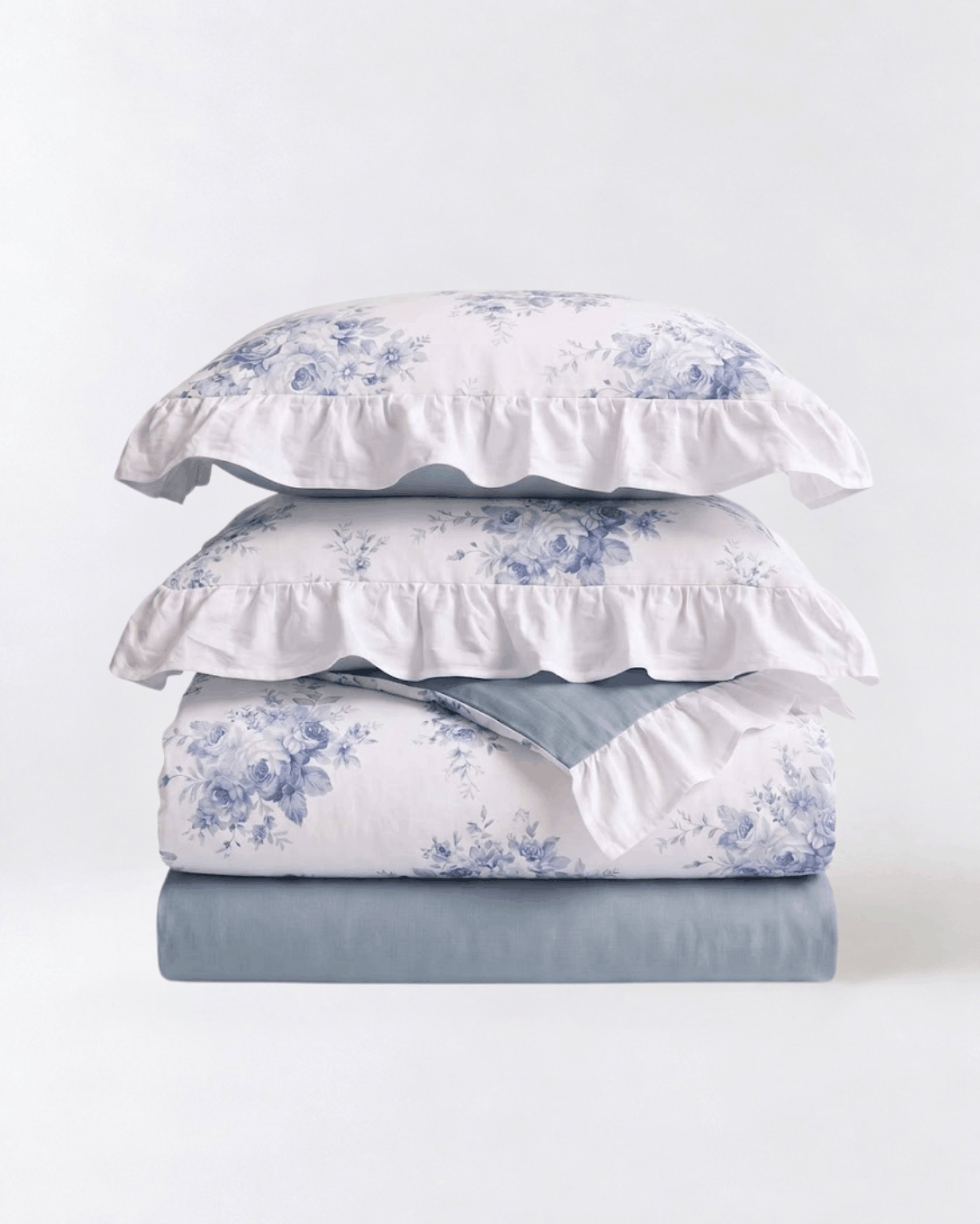 A stack of bedding set including two white pillowcases with blue floral toile de Jouy patterns and ruffled edges, a matching folded sheet with the same floral print, and a solid dusty blue folded sheet underneath, all on a clean white background.