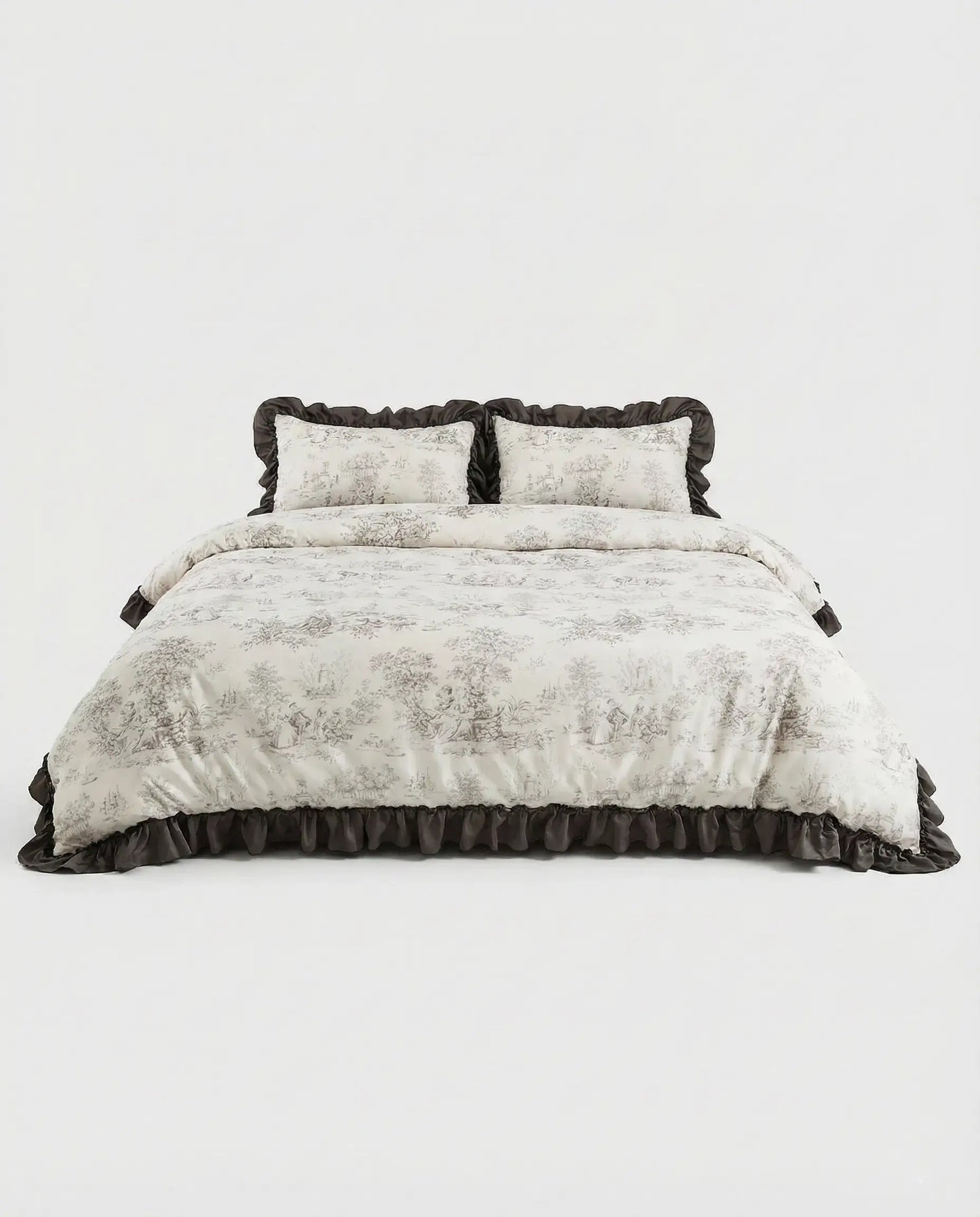 Ivory toile duvet cover set with charcoal ruffle trim displayed on a bed, vintage inspired floral bedding, aesthetic bedroom decor