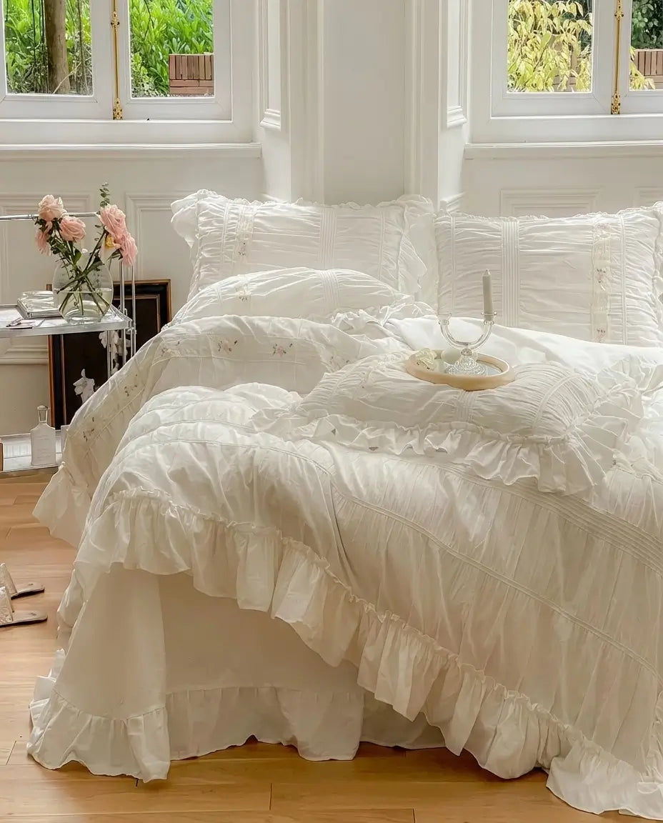 White ruched duvet cover set with ruffle trim and embroidered floral details styled on bed in elegant bedroom