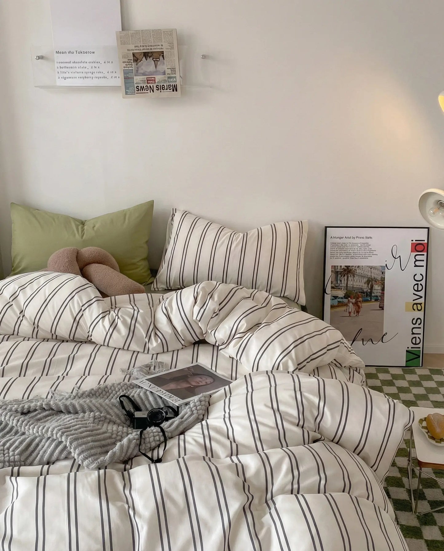 Modern striped duvet cover styled in a cozy bedroom with warm accents, blending simplicity and comfort for everyday living.