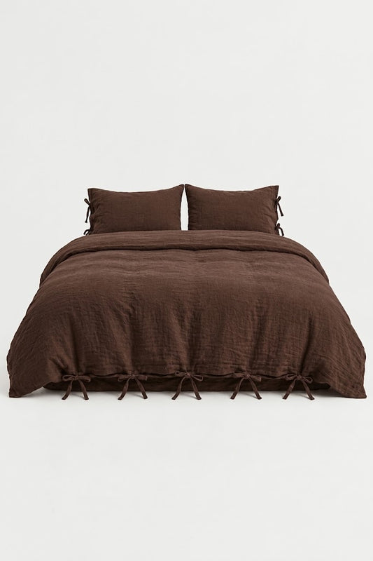 Chocolate Espresso Muslin Cotton Duvet Cover Set by DORMÉ Studio with bow tie closures, front view on white background