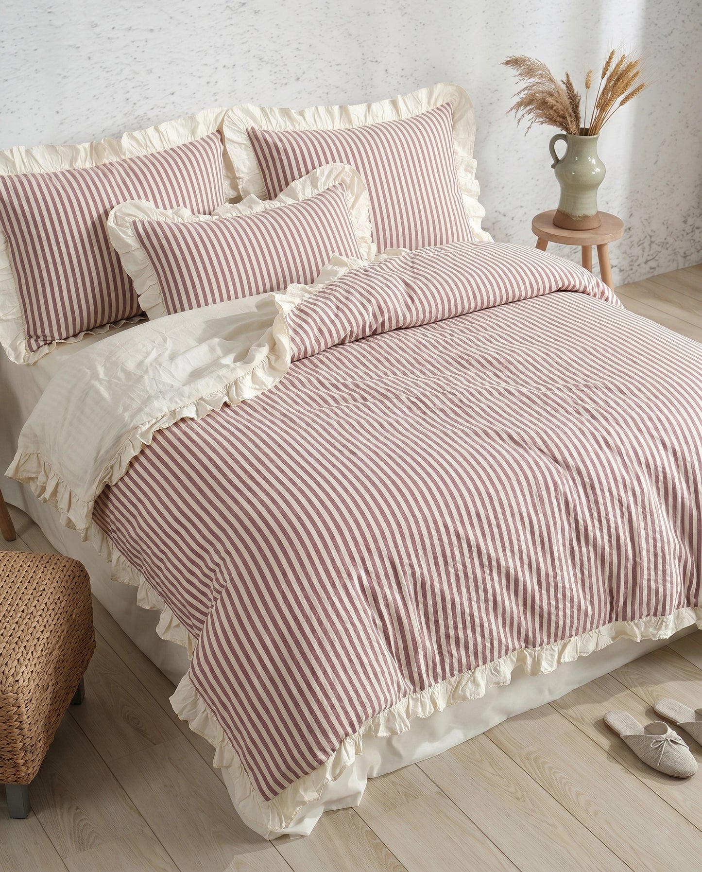 Elegant blush stripe cotton duvet cover set with soft ruched ruffle trim and timeless romantic bedroom aesthetic