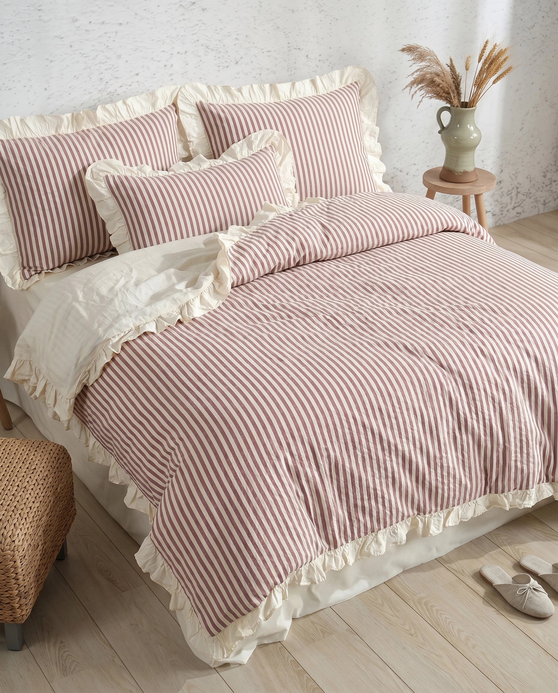 Elegant blush stripe cotton duvet cover set with soft ruched ruffle trim and timeless romantic bedroom aesthetic
