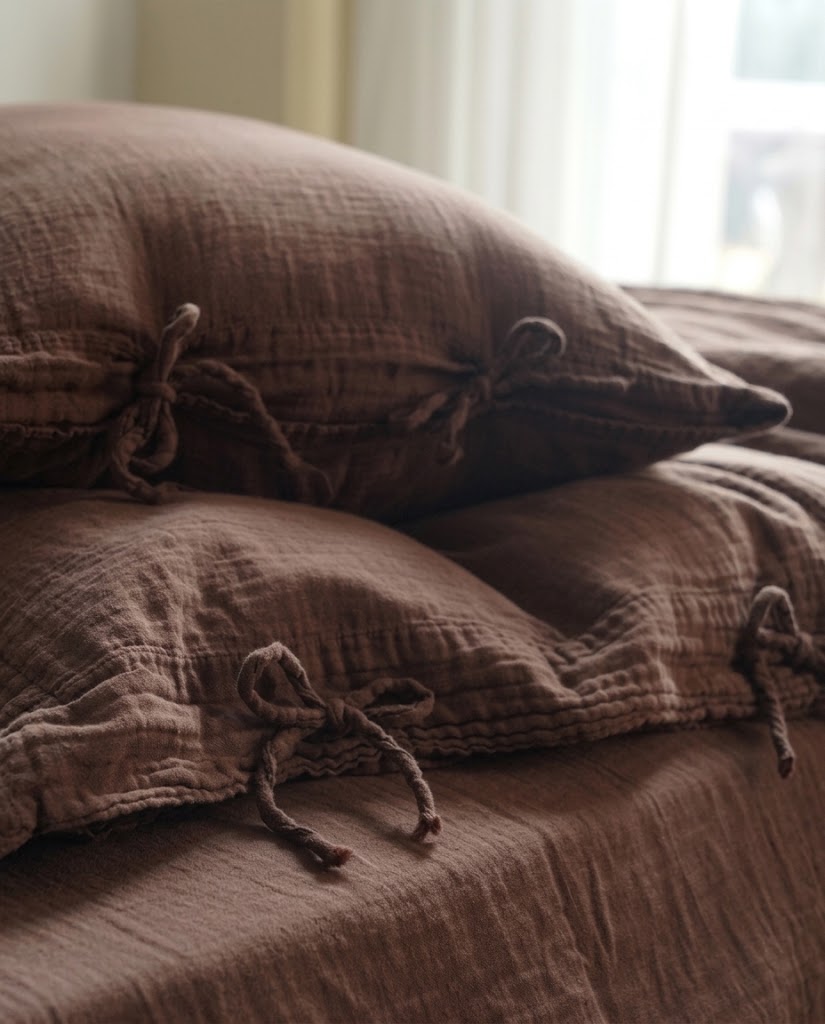Close-up of chocolate espresso muslin cotton pillowcases with tie closures in soft window light