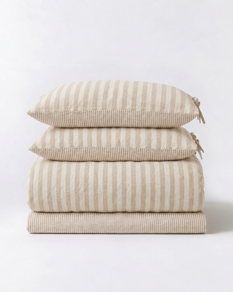 Folded Sable Stripe Duvet Cover Set with striped pillowcases, pinstripe reverse and matching pinstripe flat sheet