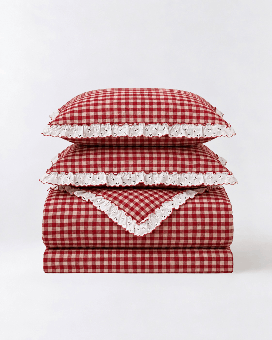 Folded Cherry Gingham Ruffles Duvet Cover Set with two pillowcases and a sheet, finished with white eyelet ruffles
