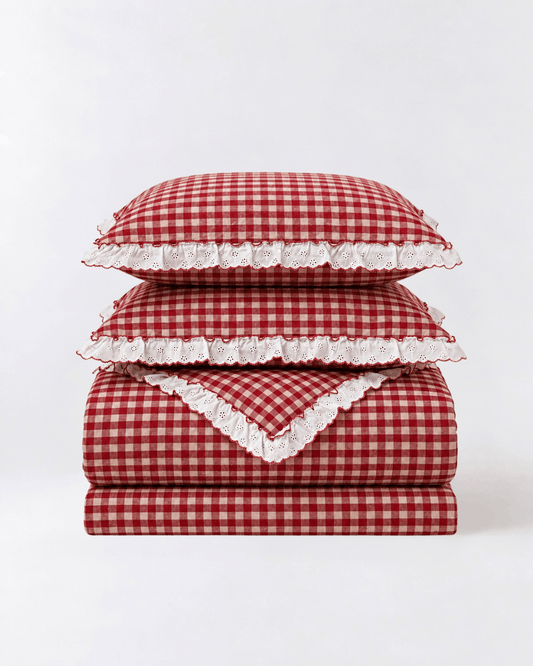 Folded Cherry Gingham Ruffles Duvet Cover Set with two pillowcases and a sheet, finished with white eyelet ruffles