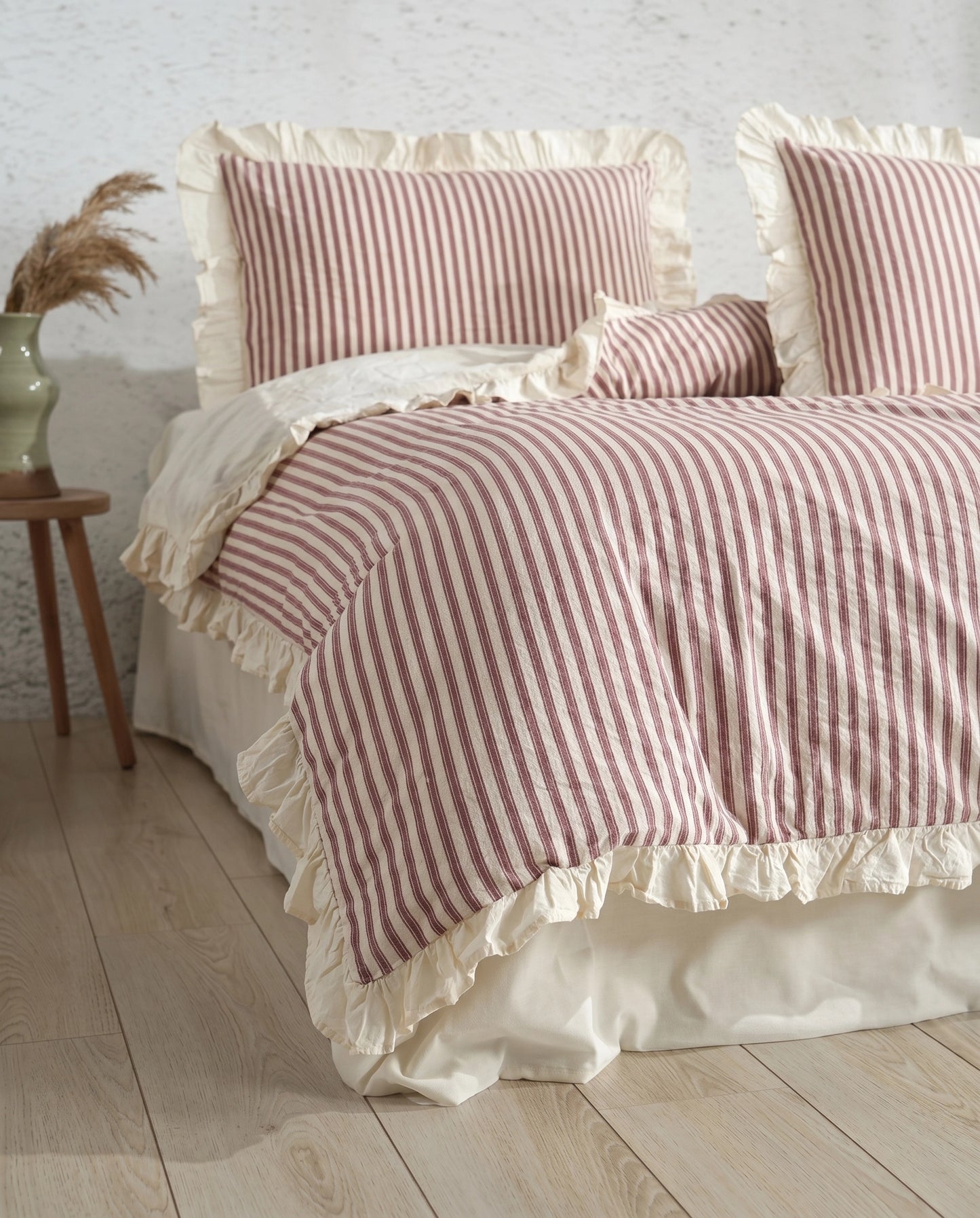 French country blush striped duvet cover set with cotton fabric, soft ruffle trim and feminine cottagecore bedroom styling
