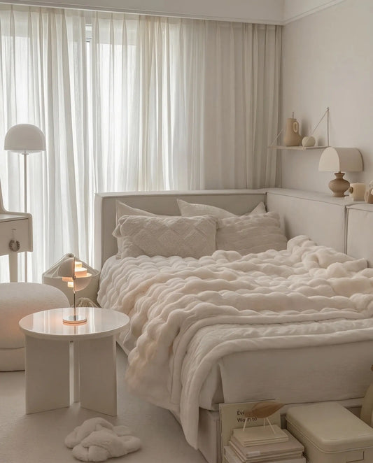 Woman relaxing with DORMÉ Studio Marshmallow Ultra Plush Blanket draped over bed highlighting thick cloud-like plush texture. White