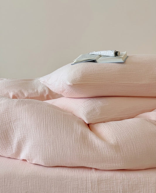 Close-up of Petal muslin cotton double gauze bedding showing the soft crinkled texture
