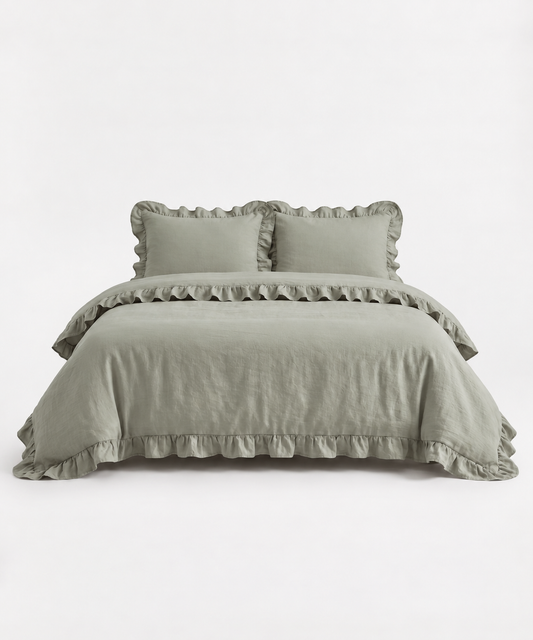 Front-facing studio image of the Rosalie eucalyptus sage ruffle duvet cover set with matching pillowcases and elegant trim