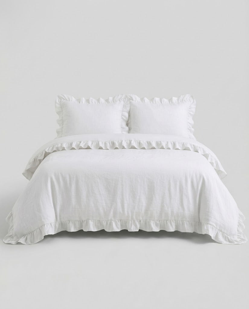 Front-facing studio image of the Rosalie snow white ruffle duvet cover set with matching pillowcases and romantic trim details