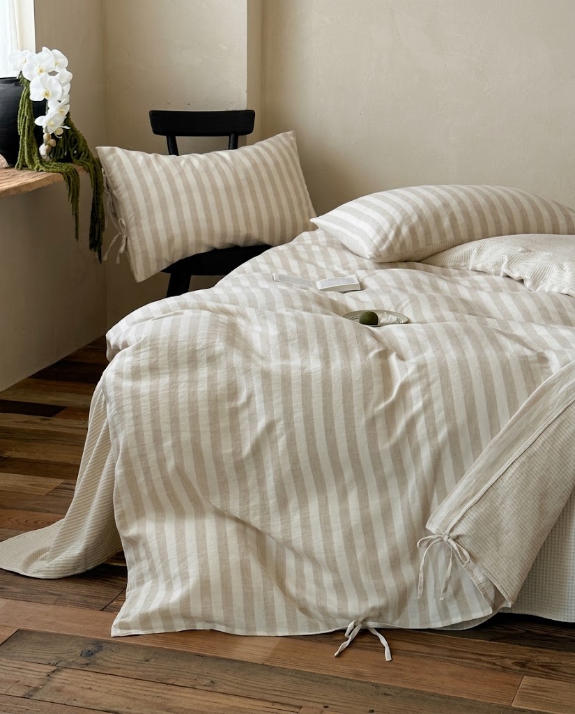 Oatmeal stripe duvet cover with cotton tie closures draped over a bed, striped pillowcase on a black chair