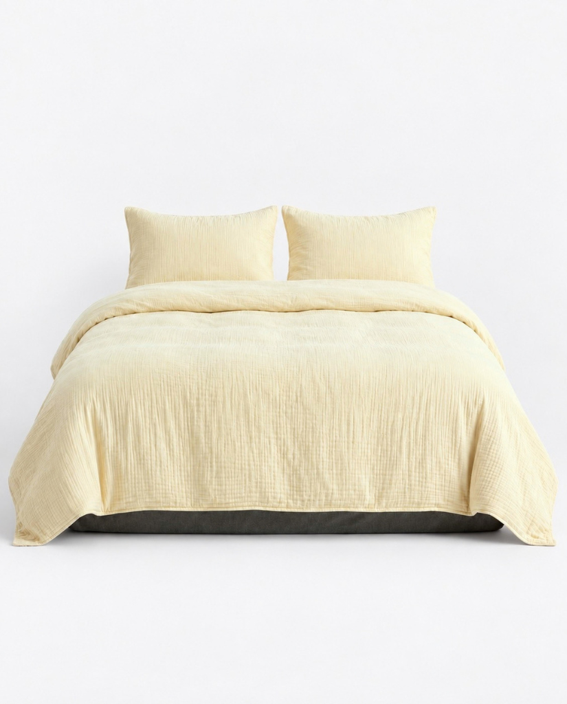 Amalfi Muslin Cotton Duvet Cover Set in Butter, double gauze, front view on a white background