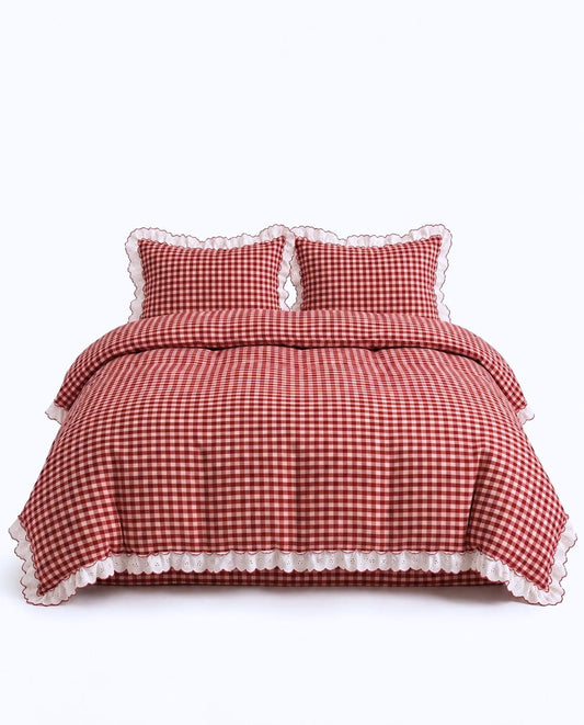 Cherry Gingham Ruffles Duvet Cover Set with matching pillowcases, red and cream gingham with white eyelet ruffle trim.