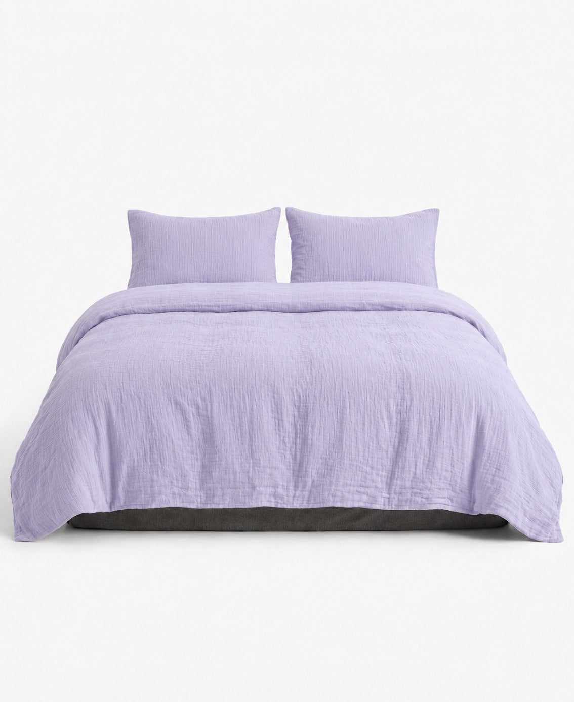 Lilac muslin cotton double gauze duvet cover set with two pillow shams, front view on white