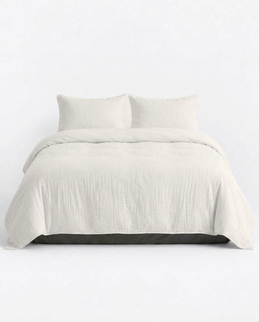 Amalfi Muslin Cotton Duvet Cover Set in Pearl, double gauze, front view on a white background
