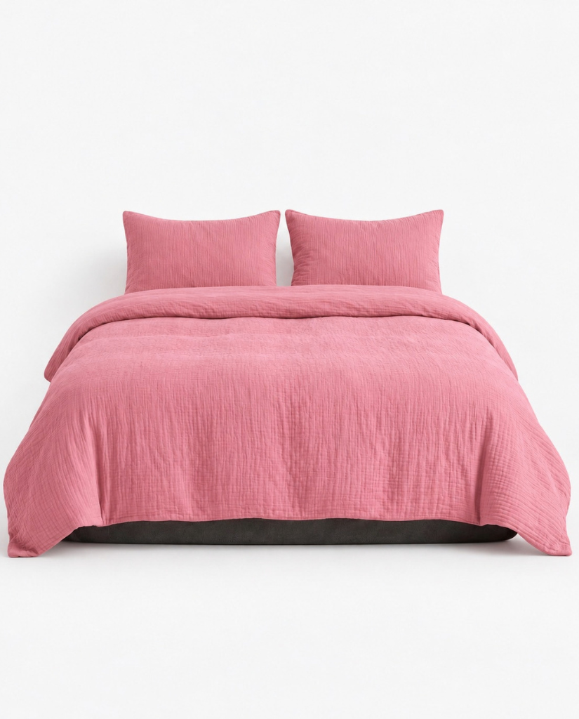 Amalfi Muslin Cotton Duvet Cover Set in Rose, double gauze, front view on a white background