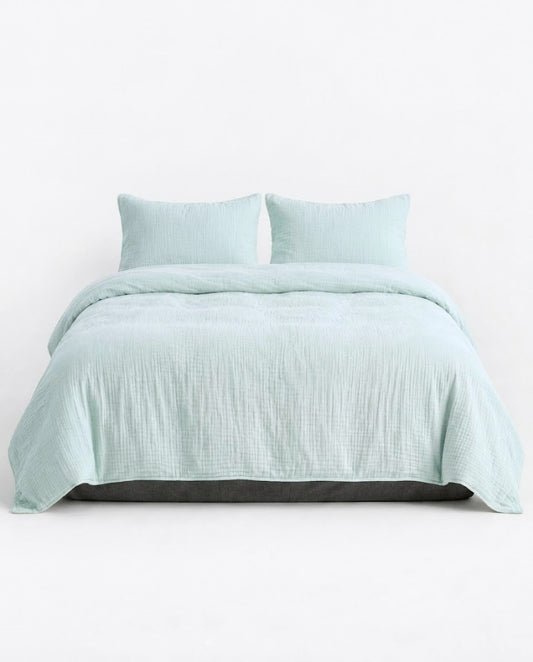 Amalfi Muslin Cotton Duvet Cover Set in Seafoam, double gauze, front view on a white background