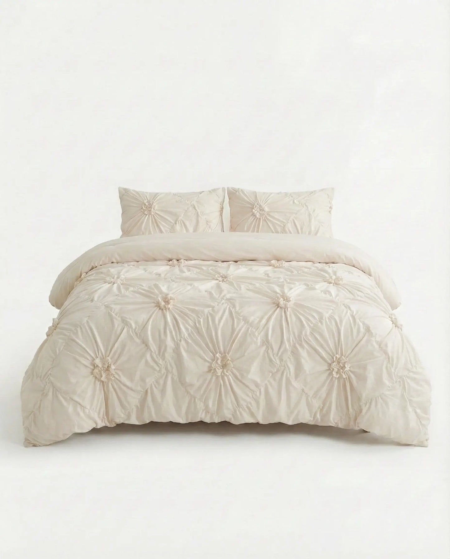 Cream tufted floral duvet cover set studio image, aesthetic bedding, luxury duvet cover, dorm room decor, neutral bedding set, textured floral duvet, elegant bed styling, modern bedroom, cozy bedding, minimalist home